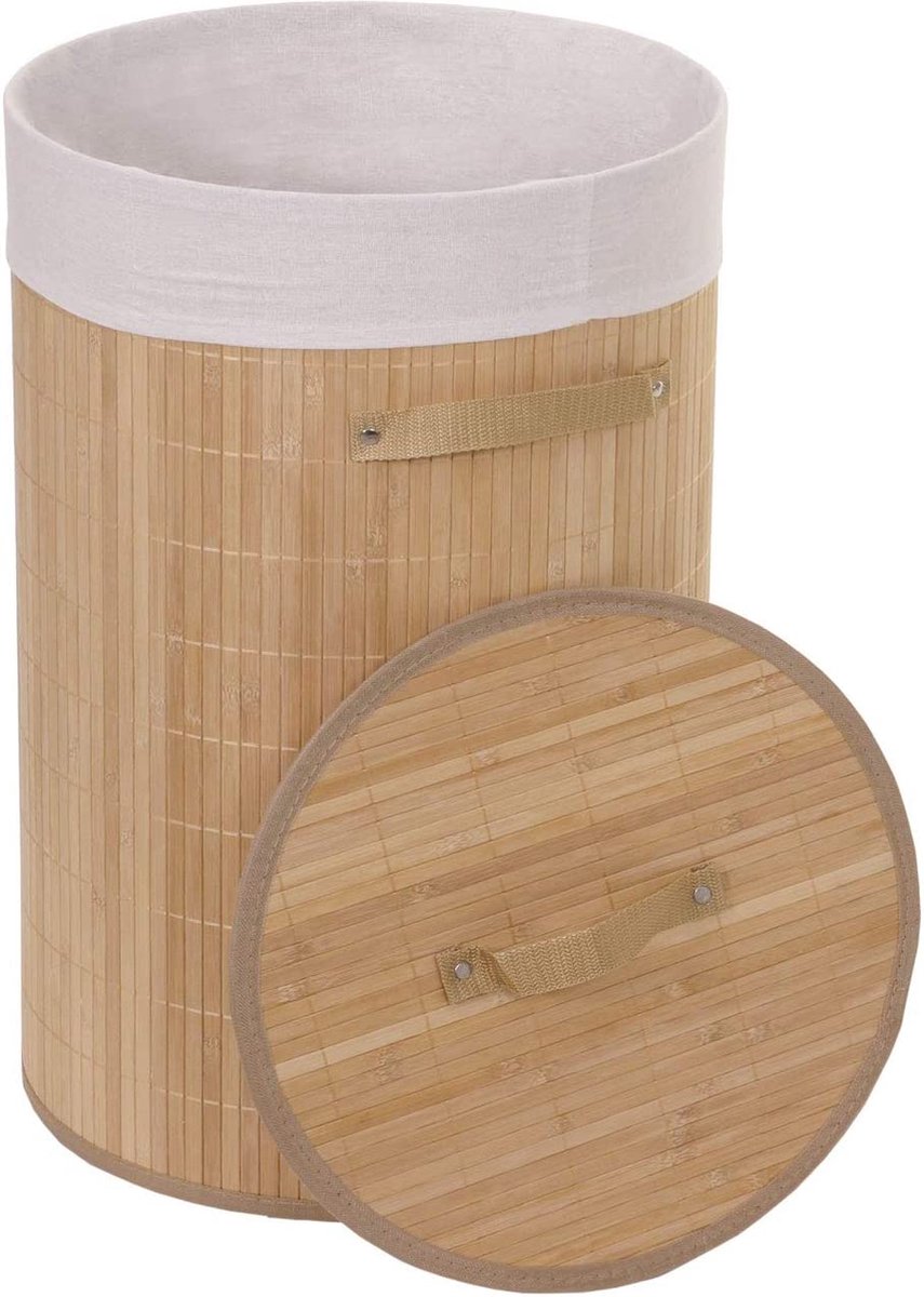 Mendler Wasmand HWC-C21, Laundry wasbox wasverzamelaar wasmand waston, bamboe rond 59x35cm 50l - natuurlijke kleuren