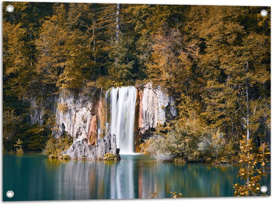 WallClassics - Tuinposter – Waterval vanuit het Bos in een Meer - 80x60 cm Foto op Tuinposter  (wanddecoratie voor buiten en binnen)