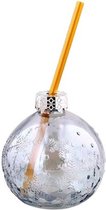 Kerstbal drinkbeker met rietje donker glas - Goud / Transparant - Glas / Kunststof - 220 ml - Set van 2 - Drinken - Kerst - Glas - Beke