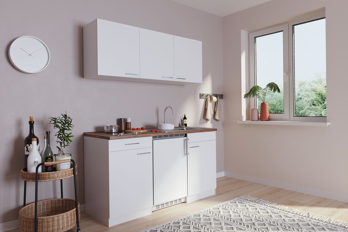 Goedkope keuken 150 cm - complete kleine keuken met apparatuur Luis - Wit/Wit - keramische kookplaat - koelkast - mini keuken - compacte keuken - keukenblok met apparatuur