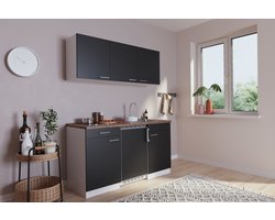 Goedkope keuken 150  cm - complete kleine keuken met apparatuur Luis - Wit/Zwart - keramische kookplaat  - koelkast          - mini keuken - compacte keuken - keukenblok met apparatuur