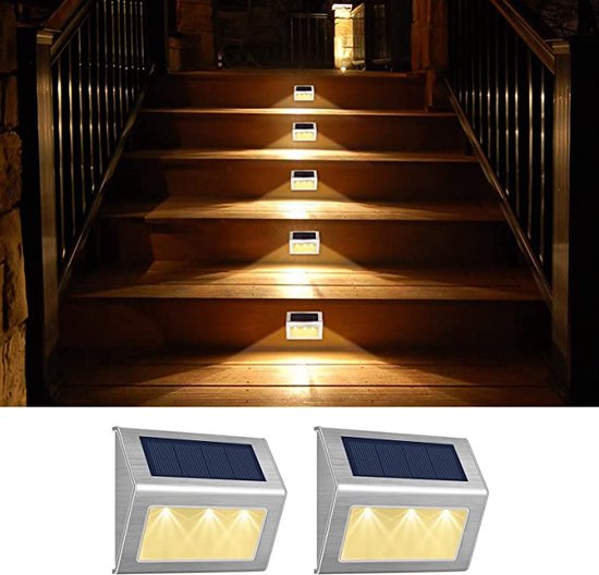 2 Stuks - Solar Led Zonne-Energie - Warm wit - Wandlamp - Buitenlamp - Tuinverlichting - RVS