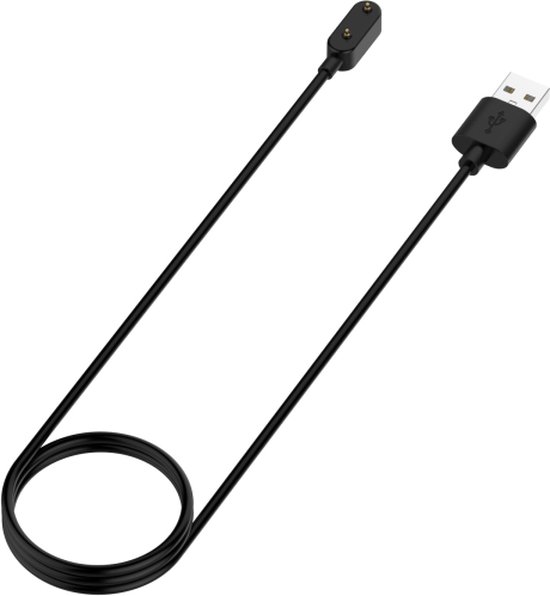 Zwarte USB-oplaadkabel met een magnetische connector aan het uiteinde, voor een smartwatch.