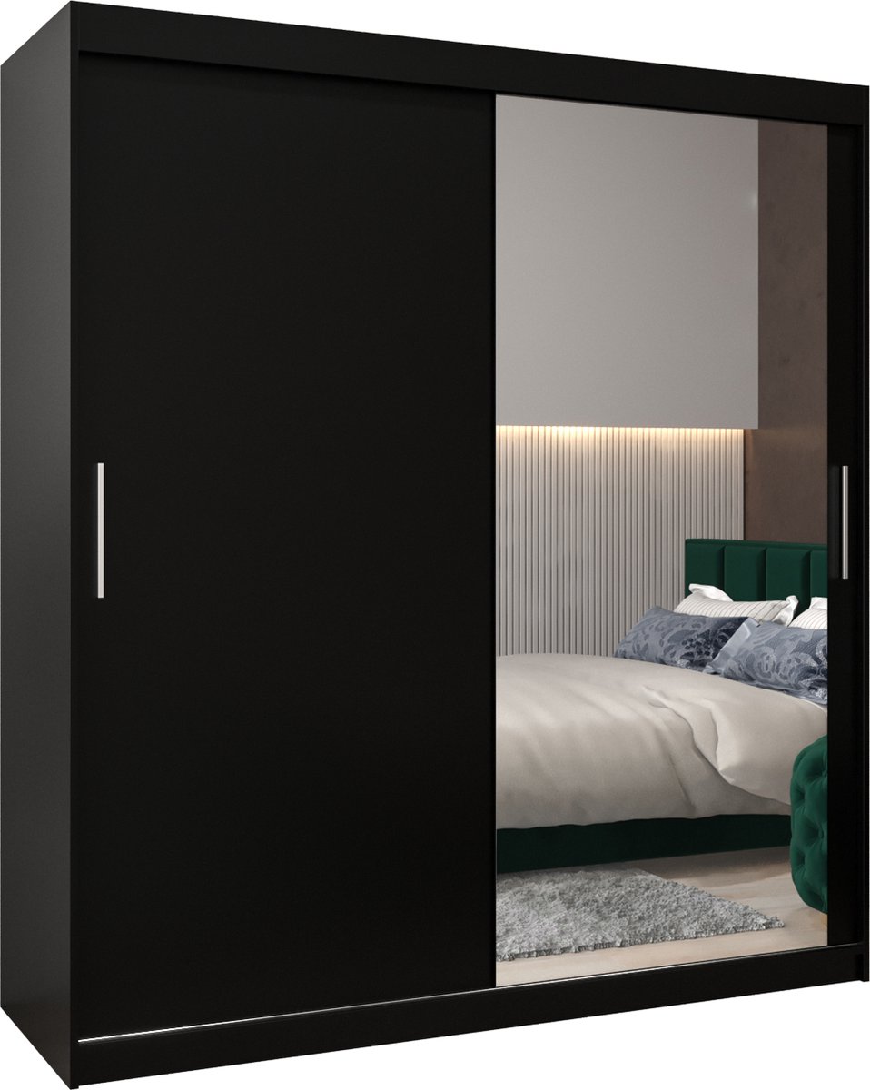 InspireME Kledingkast met 2 schuifdeuren, Modern-stijl, Kledingkast met planken (BxHxD): 180x200x62 - TORM II 180 Zwart Mat met 4 lades