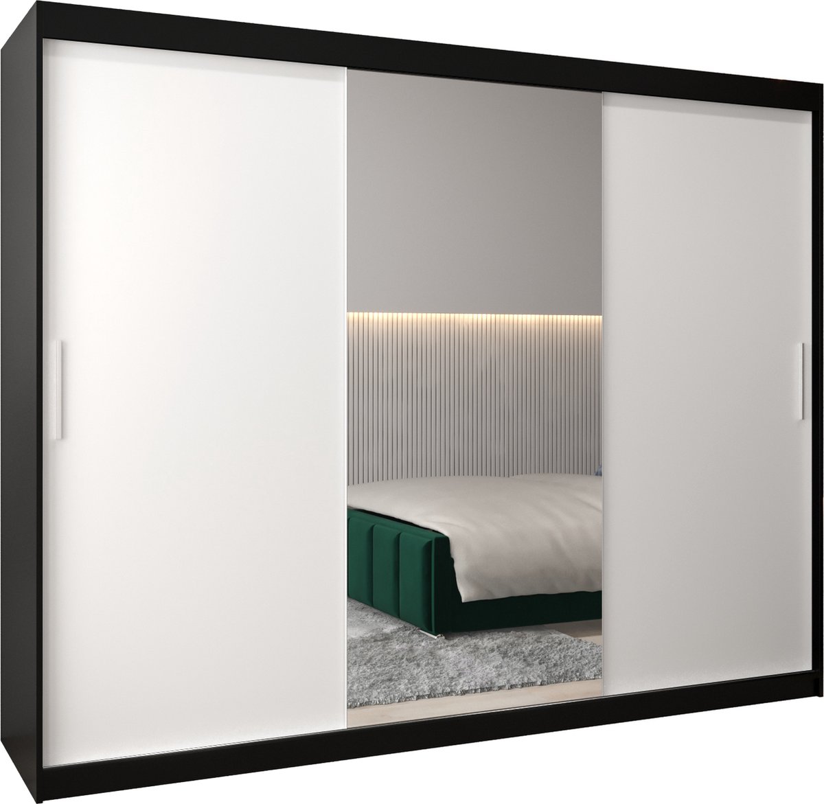 InspireME Kledingkast met 3 schuifdeuren, Modern-stijl, Kledingkast met planken (BxHxD): 250x200x62 - TORM I 250 Zwart Mat + Wit Mat