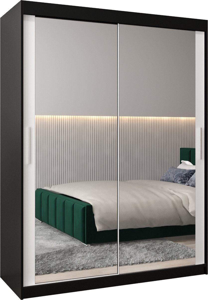 InspireME Kledingkast met 2 schuifdeuren, Modern-stijl, Kledingkast met planken (BxHxD): 150x200x62 - TORM III 150 Zwart Mat + Wit Mat