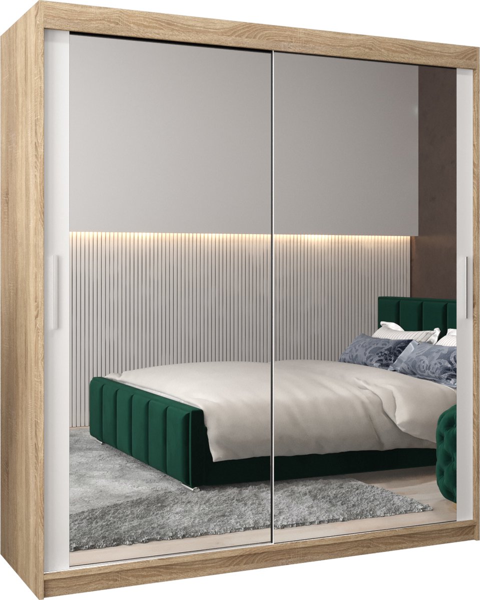InspireME Kledingkast met 2 schuifdeuren, Modern-stijl, Kledingkast met planken (BxHxD): 180x200x62 - TORM III 180 Sonoma Eik + Wit Mat