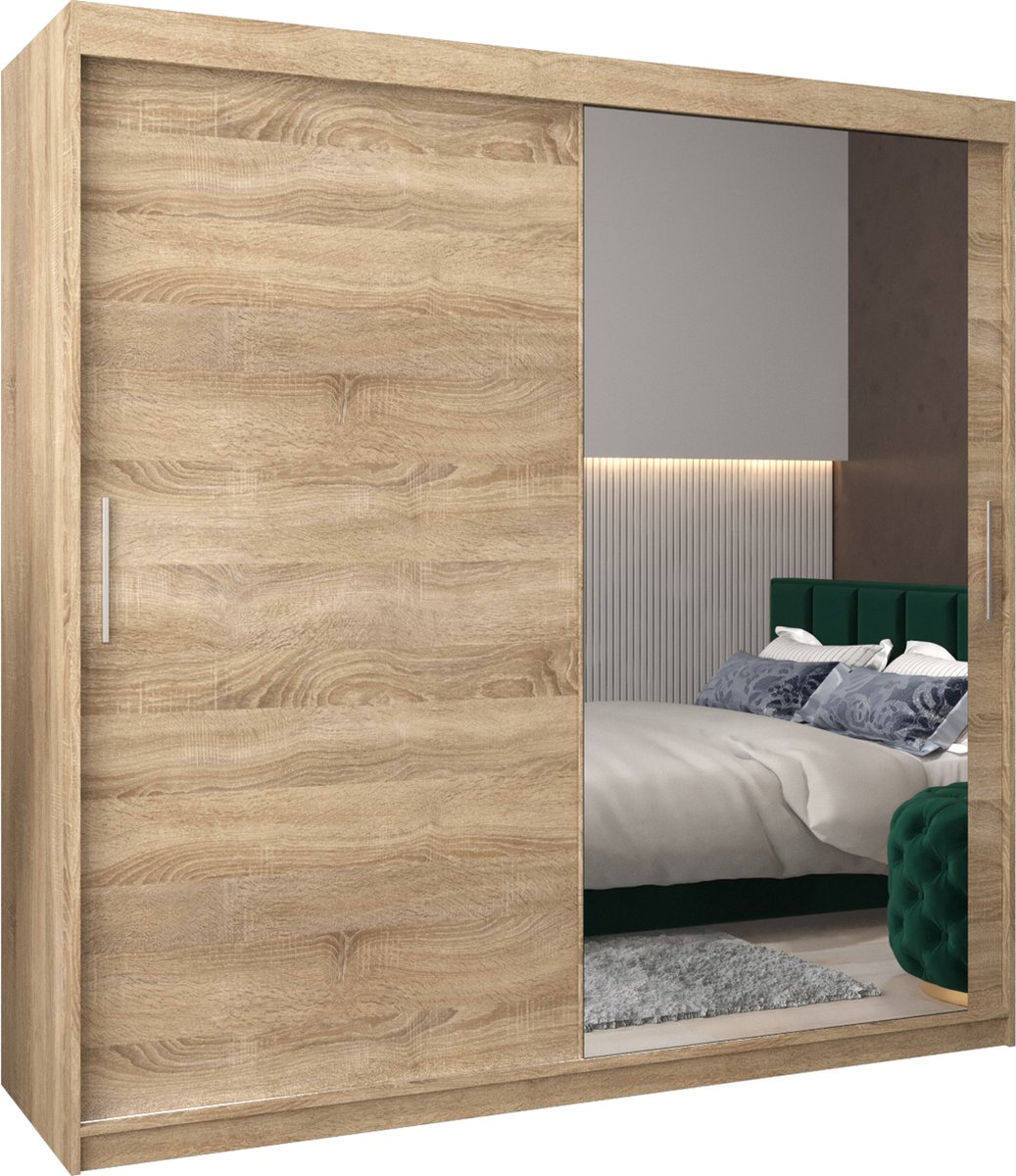 InspireME Kledingkast met 2 schuifdeuren, Modern-stijl, Kledingkast met planken (BxHxD): 200x200x62 - TORM II 200 Sonoma Eik met 4 lades