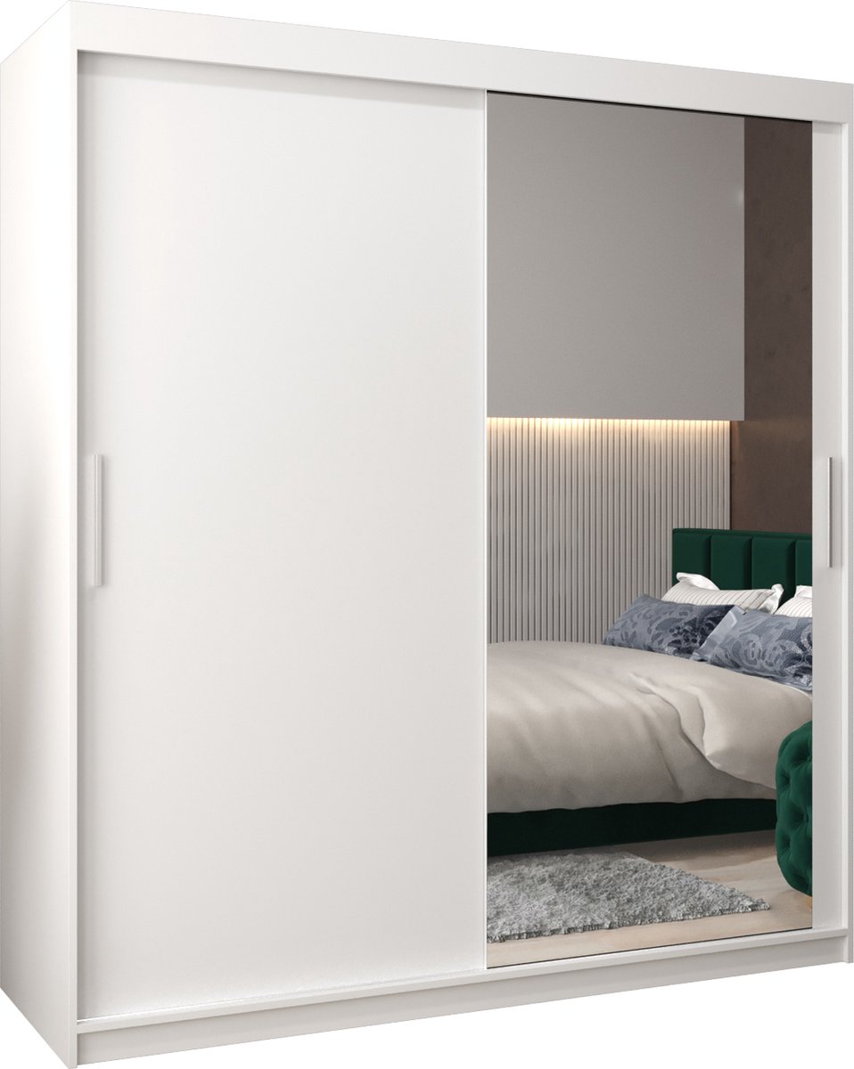 InspireMe - Kledingkast met 2 schuifdeuren, Modern-stijl, Kledingkast met planken (BxHxD): 180x200x62 - TORM II 180 Wit Mat