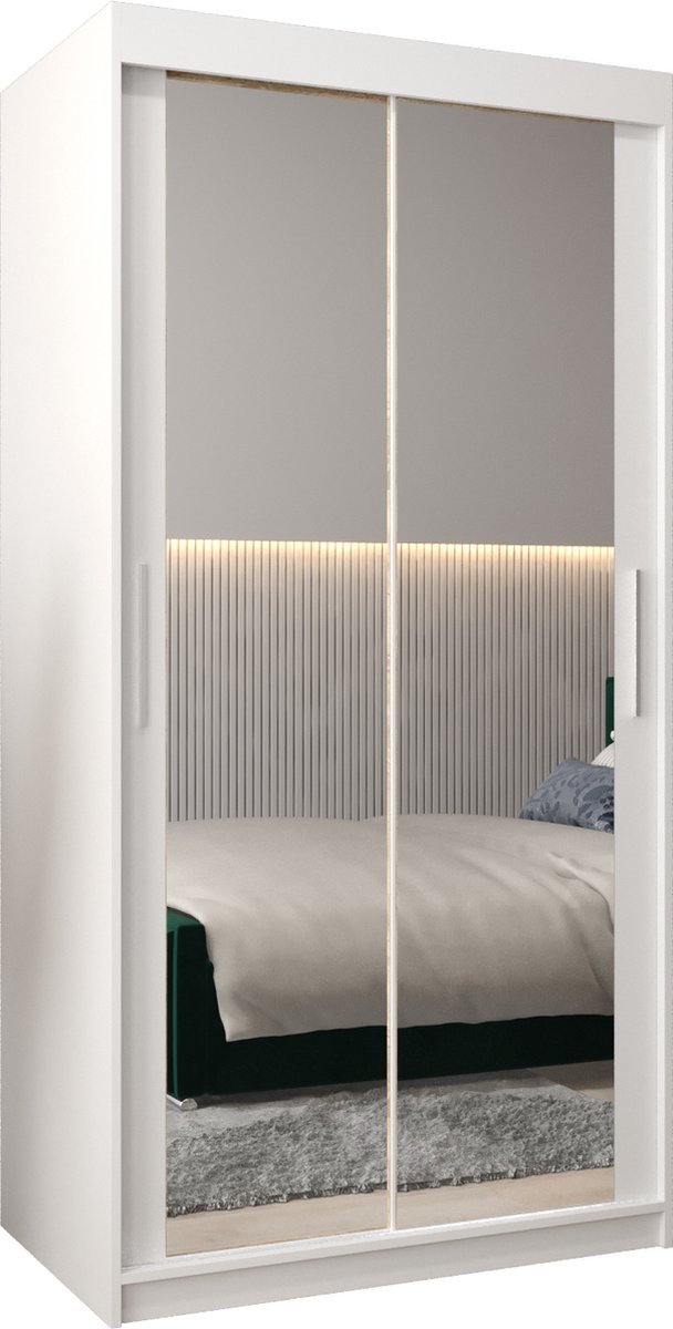 InspireME Kledingkast met 2 schuifdeuren, Modern-stijl, Kledingkast met planken (BxHxD): 100x200x62 - TORM III 100 Wit Mat met 2 lades
