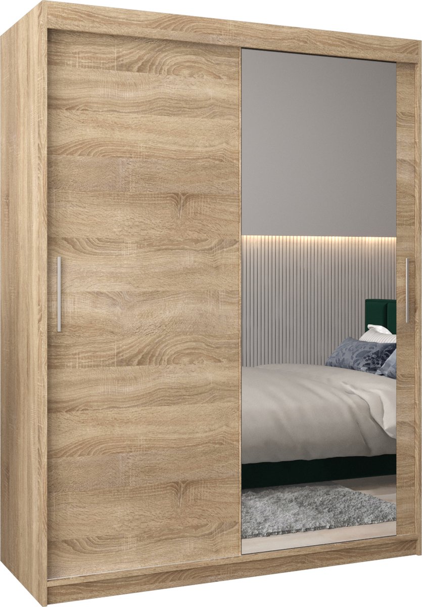InspireME Kledingkast met 2 schuifdeuren, Modern-stijl, Kledingkast met planken (BxHxD): 150x200x62 - TORM II 150 Sonoma Eik met 2 lades