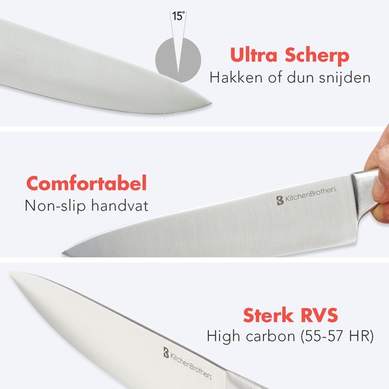 Drie close-ups van KitchenBrothers messen: scherpe snede, comfortabel handvat en sterk RVS.