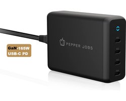 PEPPER JOBS USB C Oplader GaN PD165W | 165W USB-C GaN Oplader - 4x USB-C PD 3.0 / PPS (Max 100W per poort) - Snellader voor MacBook Pro, Laptop, iPad, iPhone & Samsung Galaxy - Inclusief EU, US & UK Reisstekkers - Zwart