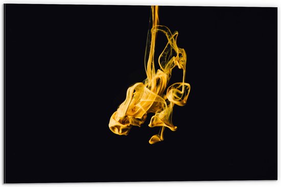 WallClassics - Dibond - Gele Rookwolk tegen Zwarte Achtergrond - 60x40 cm Foto op Aluminium (Met Ophangsysteem)