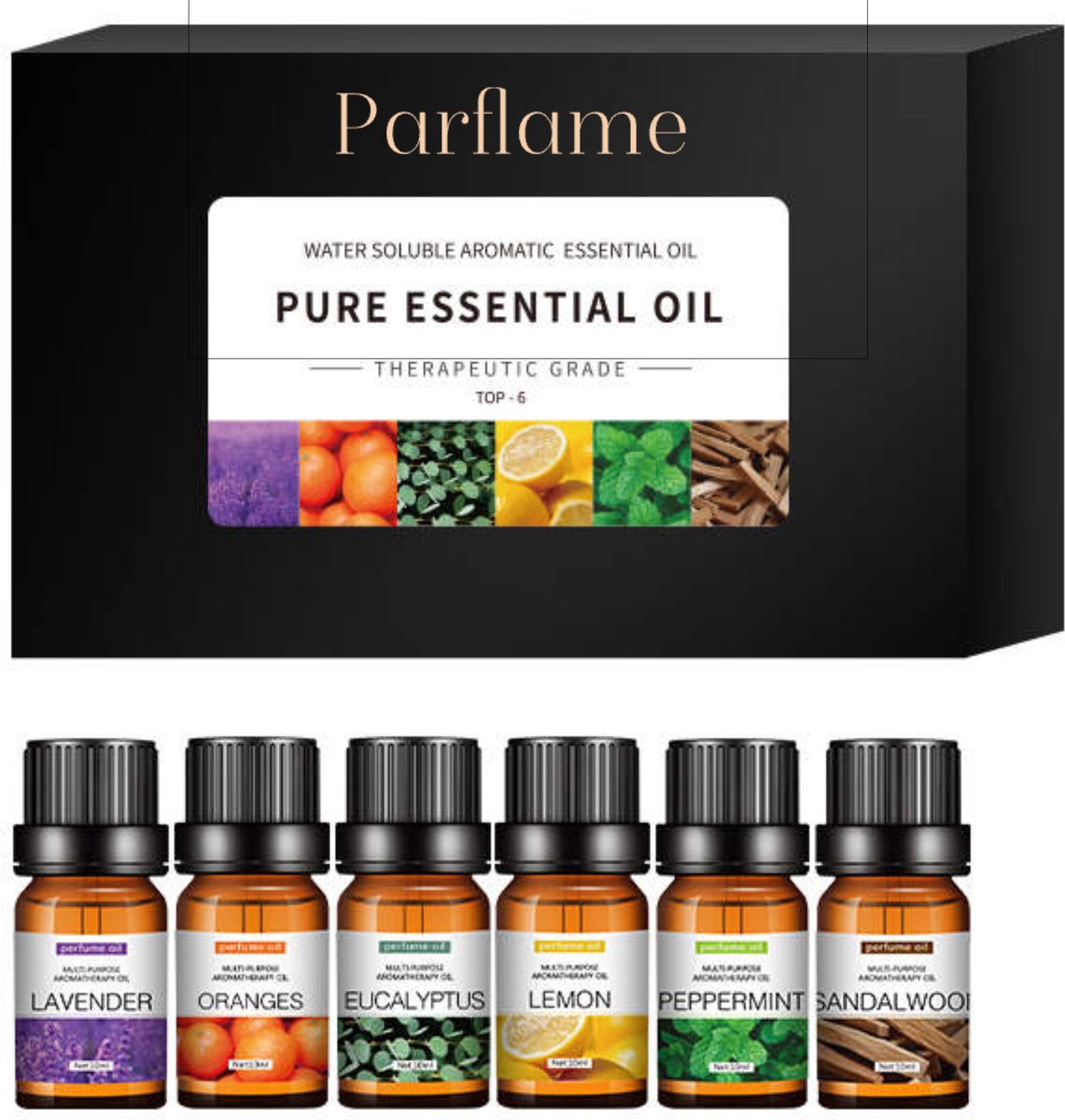 Goedkoopste Parflame Etherische Olie Set - Geurolie - Essentiële Oliën Diffuser - Met o.a. Lavendel en Eucalyptus - Set 6 Stuks