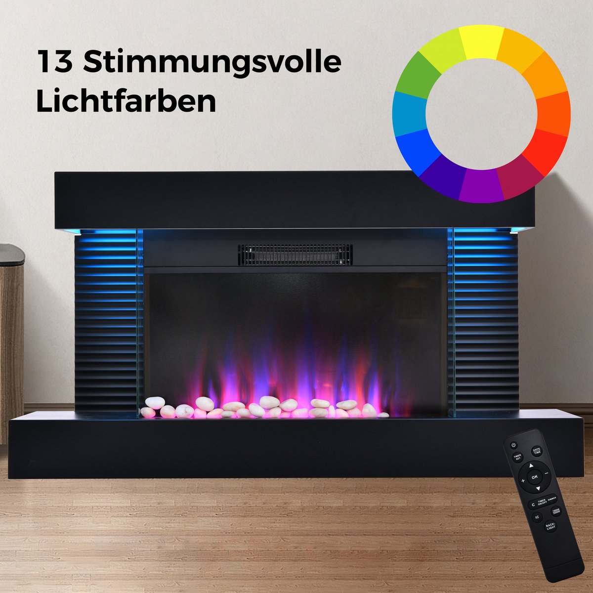 Decoratieve elektrische haard Wandmodel met 13 kleuren achtergrondverlichting - Regelbare warmte 1000/2000W en afstandsbediening - Kachel met kachel Zwart 107cm Lengte