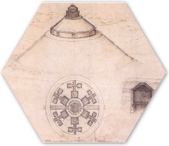 Hexagon wanddecoratie - Kunststof Wanddecoratie - Hexagon Schilderij - Etruscan burial mounds at Montecalvario near Castellina in Chianti - Leonardo da Vinci - 75x65 cm
