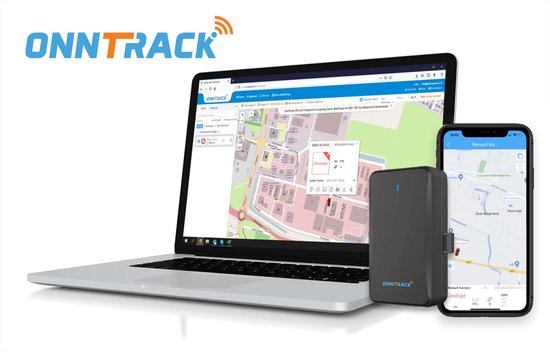 Laptop en smartphone tonen Onntrack GPS tracking software. Zwarte Onntrack GPS tracker.