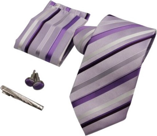 Set de cravate élégant dans une boîte cadeau - comprenant des boutons de Boutons de manchette, une pochette et une pince à cravate - K31 - Violet