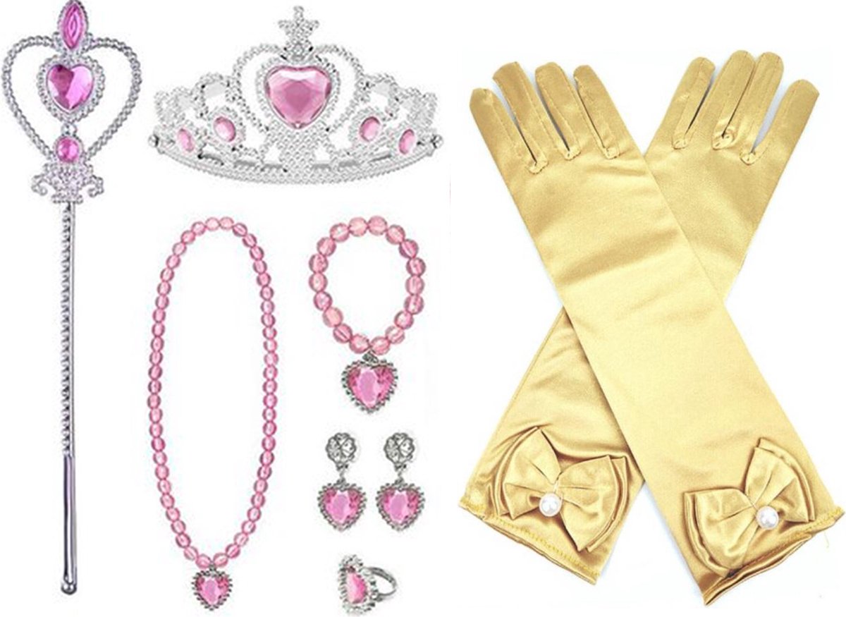 Het Betere Merk - Prinsessenjurk meisje - Prinsessen speelgoed meisje - Speelgoed Meisje 3 jaar - Kroon - Tiara - Prinsessen Verkleedkleding - Gouden Lange Handschoenen