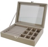 Sieradendoos Fluweel - Kist met Venster - 20x15x4,5 cm - Grijs