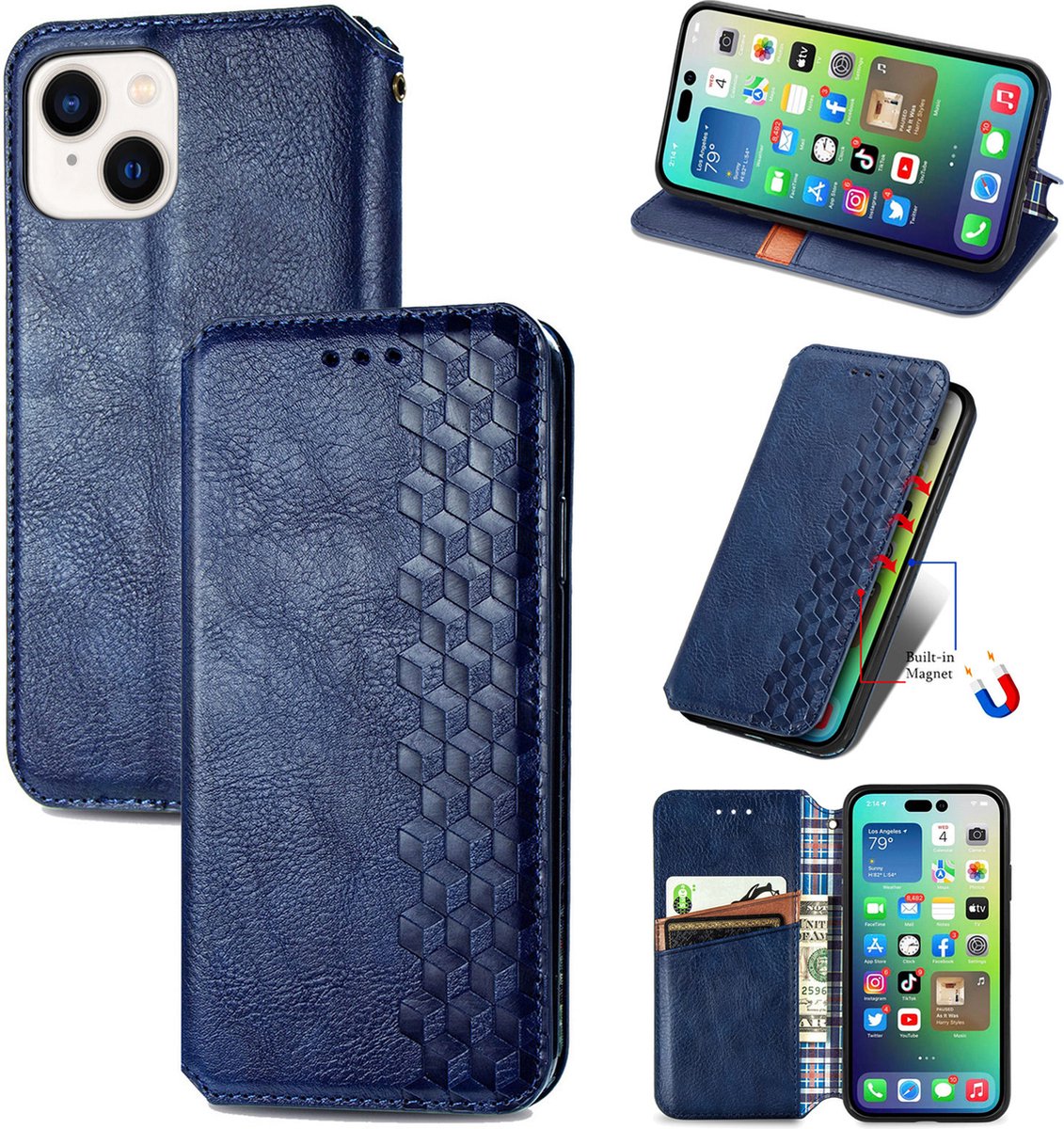 Luxe PU Lederen Ruitpatroon Wallet Case + Screenprotector voor iPhone 14 _ Blauw