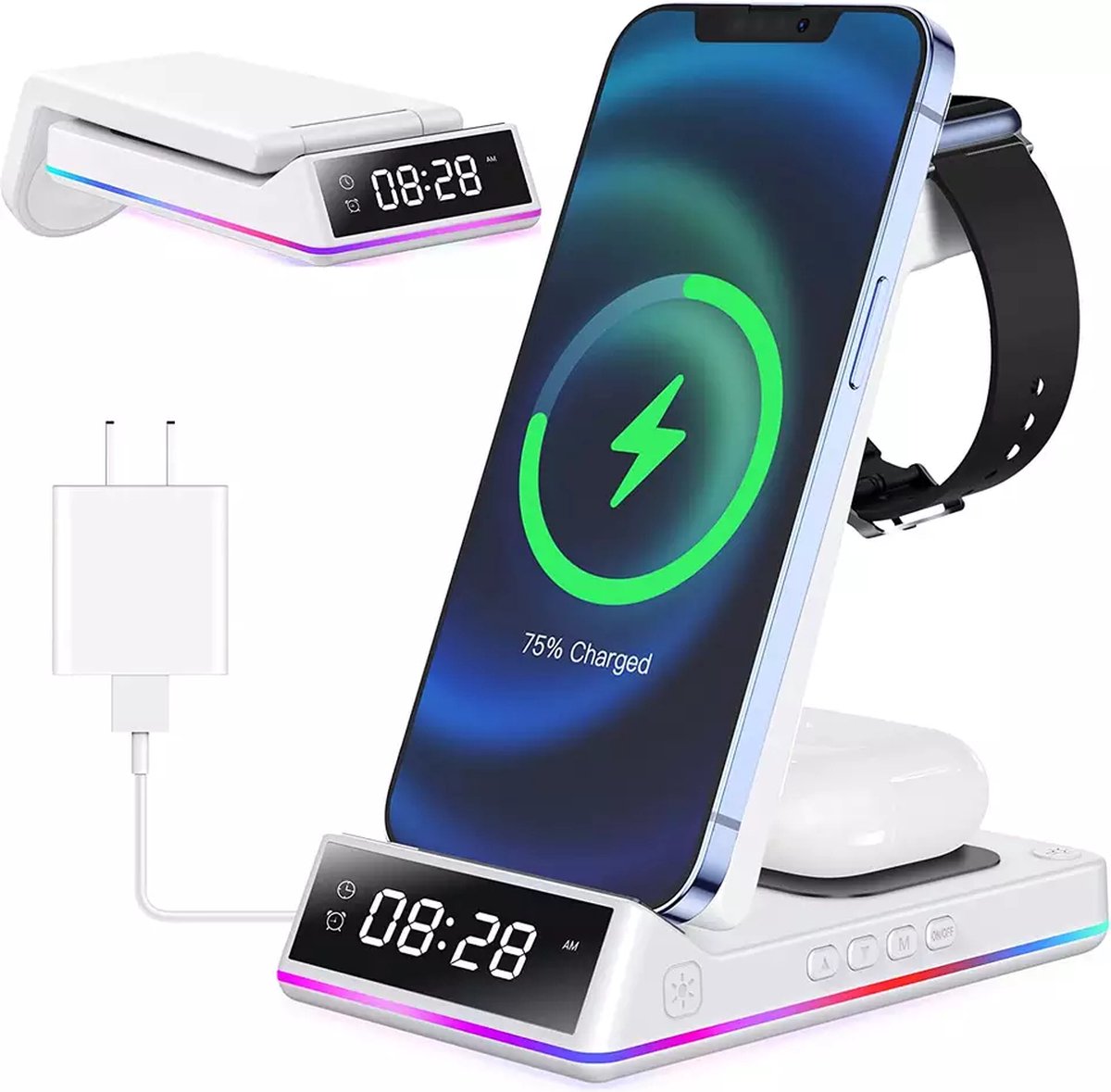 3 in 1 Draadloos Laadstation 15W- wireless charger- wit - Voor iPhone 13 12 11 Pro Max Apple Horloge AirPods - LED Digitale Wekker Draadloze Oplader Stand