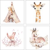 Poster aquarel dieren set 4 stuks-Kinderkamer-Poster A4 formaat-Wanddecoratie-bosdieren-Kinderkameraccessoires