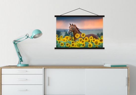 Porte-affiche avec affiche - Affiche scolaire - Cheval - Tournesol - Ciel - Pastel - 90x60 cm - Lattes noires
