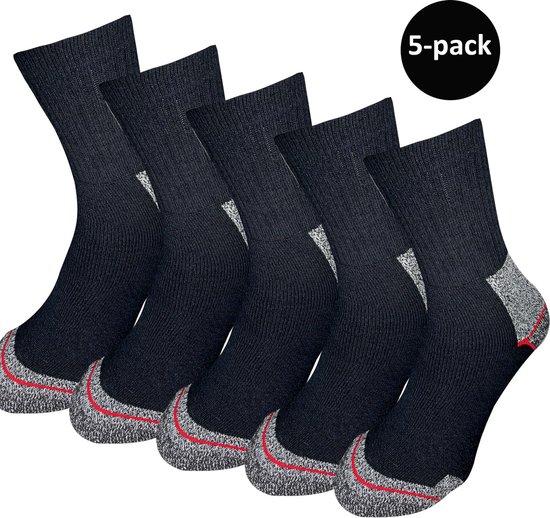 5-pack donkerblauwe werksokken met versterkte hiel en teen. Grijze en rode accenten.