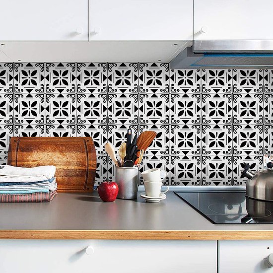 Ulticool Décoration Stickers carrelages - Bloem Zwart Wit - Cuisine cm - 15 pièces
