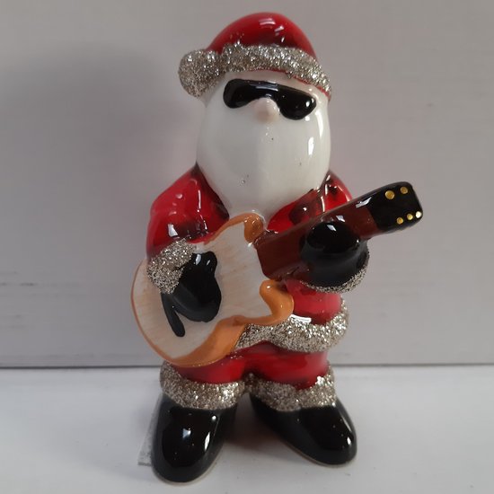 Beeldje kerstman met glitterpak en gitaar 12 cm hoog