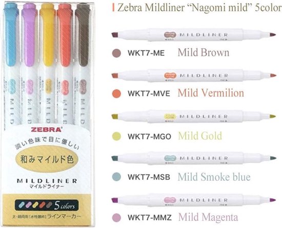Zebra Mildliner Double Sided Tekstmarker – Fine & Bold – Mild Deep & Warm Colors – Set van 5 + EXTRA een Zebra Two Sided Brushpen