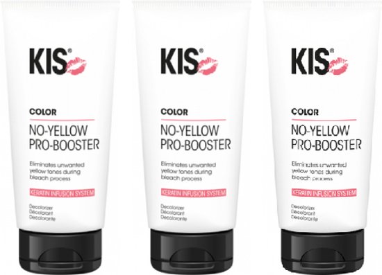 Drie witte tubes KIS NO-YELLOW PRO-BOOSTER met rode lippen logo. Tekst in zwart en roze.