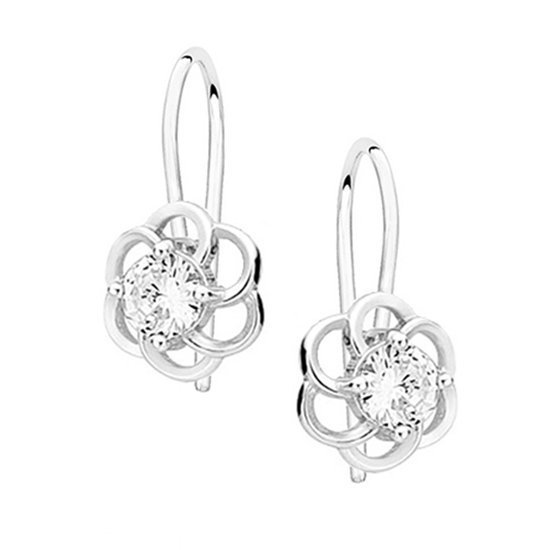 Joy|S - Zilveren bloem oorbellen - witte zirkonia - kidney oorhangers - gehodineerd