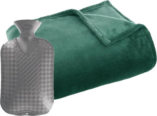 Fleece deken/plaid groen 125 x 150 cm en een warmwater kruik 2 liter
