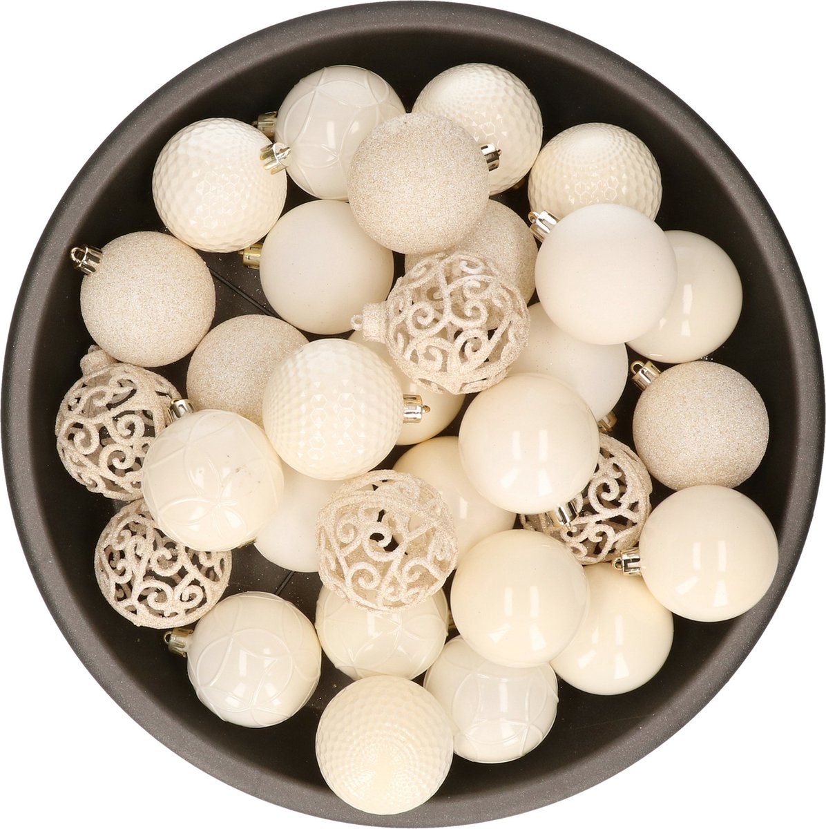 Kerstballen set van 37 stuks in gebroken wit, gemaakt van kunststof, 6 cm groot.