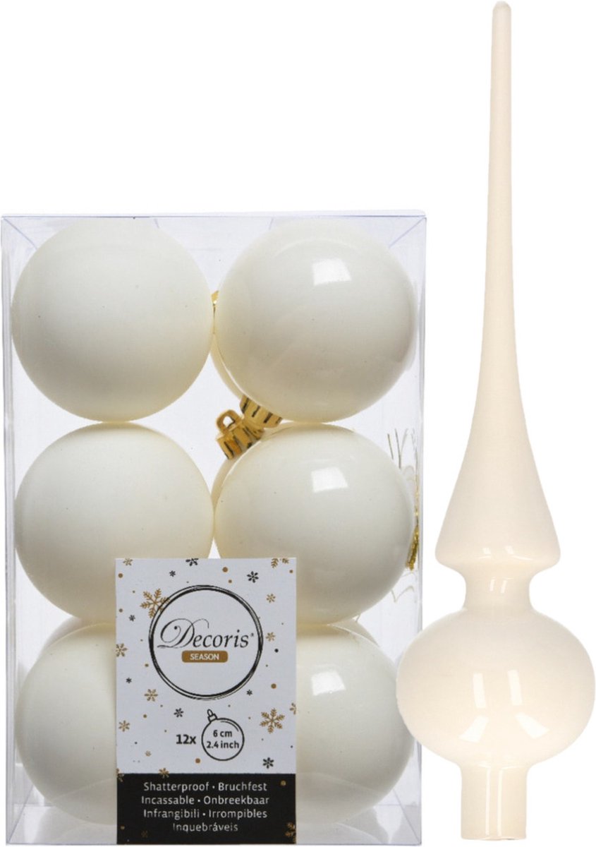 Kunststof kerstballen - 6 cm - 12x stuks - met glazen piek - wol wit
