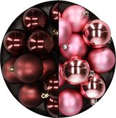 Kunststof kerstballen 6 cm - 24x stuks - mahonie bruin en roze