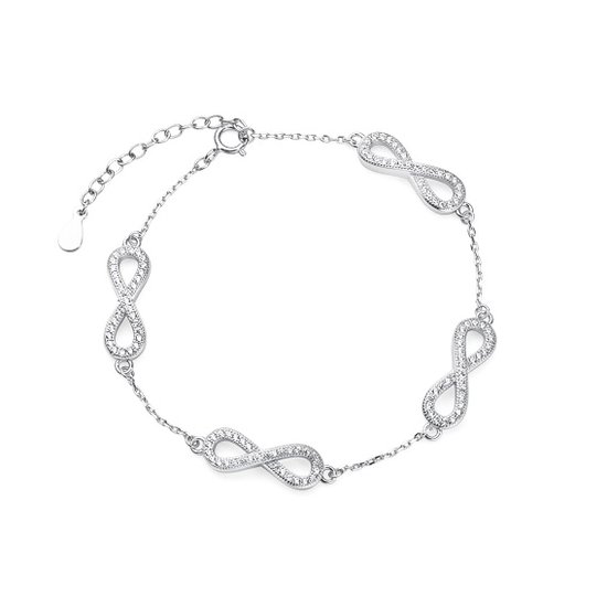 Joy|S - Zilveren Infinity armband - 4 x infinity - zirkonia - gehodineerd