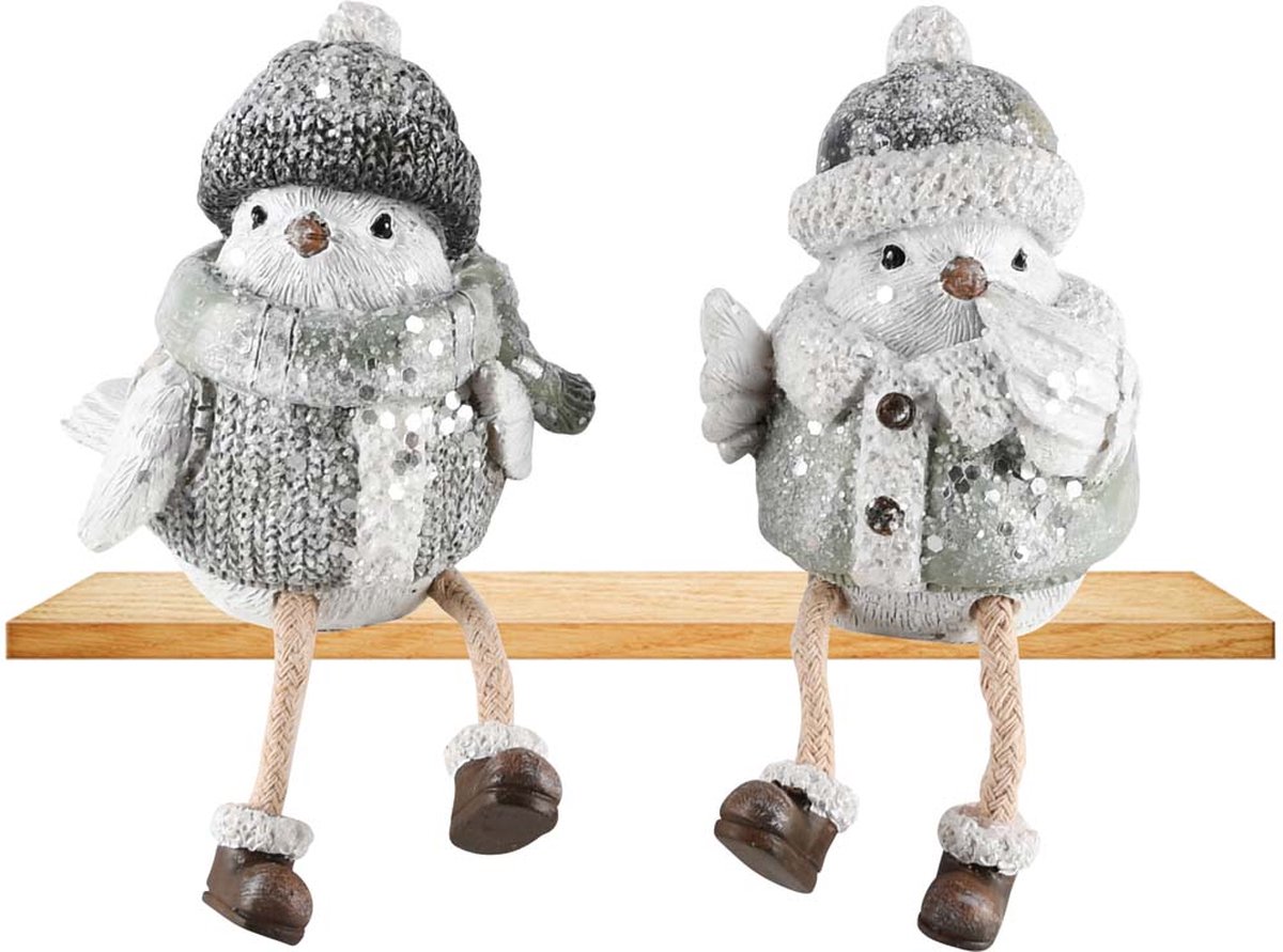 Set ven 2 vogeltjes / vogel / dier met muts - Wit / grijs / creme / zilver - 6 x 10 x 9 cm hoog per vogel.