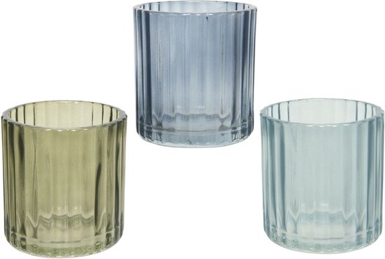 Seaside No.64 - Windlichtset 4-delig van glas 7,5 x 7,5 cm - theelichthouder voor romantische sfeer - kandelaar met verschillende ontwerpen - retro kristallen ornamenten - (transparant glas, set