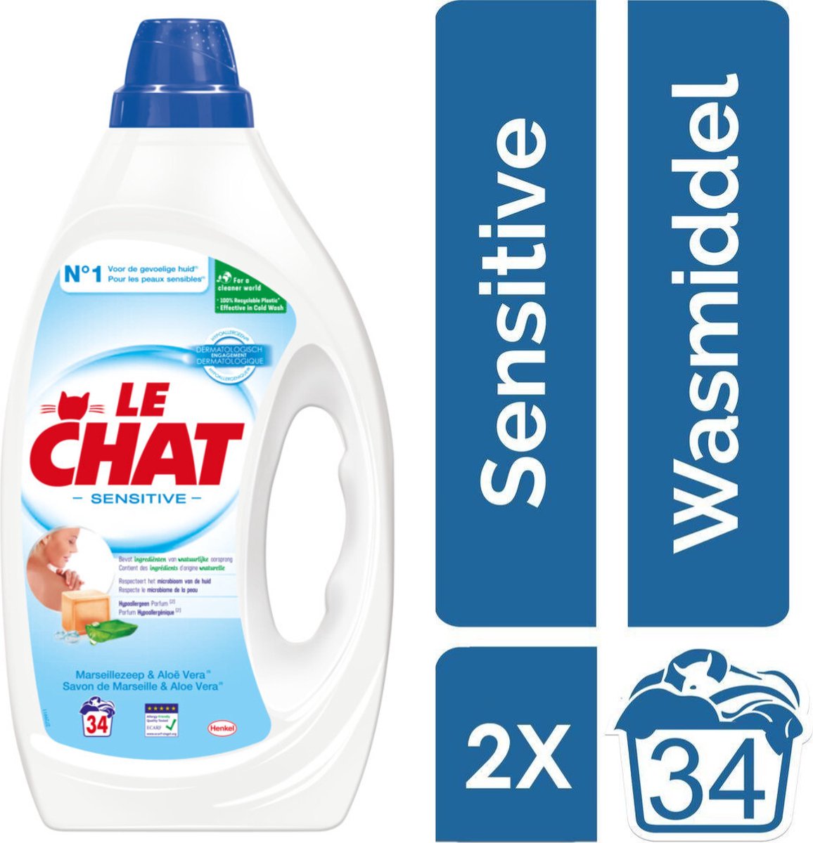 Le Chat Sensitive Gel - Vloeibaar Wasmiddel - Gevoelige Huid - Voordeelverpakking - 2 x 34 wasbeurten