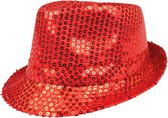 Toppers - Funny Fashion Carnaval verkleed Trilby hoedje met glitter pailletten - rood - heren/dames