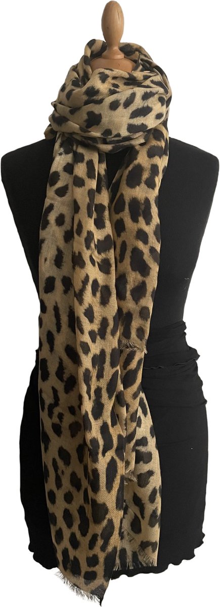 HIGHFIELD SHAWL DESSIN “LEOPARD” WOL 90CM X 190CM – WARME ZAND TINTEN/ZWART