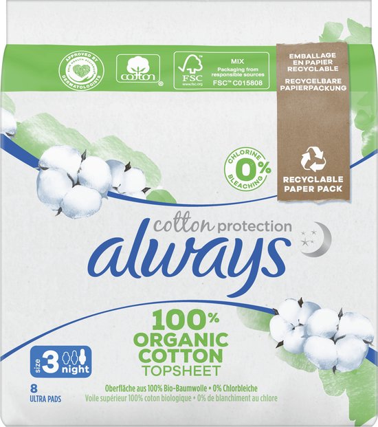 Always 'cotton protection' verpakking, 8 stuks, nacht, 100% biologisch katoen, zonder chloorbleking.