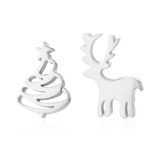 Jomide Oorknoppen Kerst - Assymmetrisch - Kerstboom/Rendier - Zilverkleurig