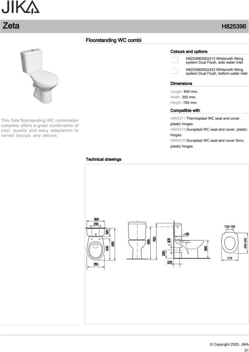 Jika Zeta diepspoel duobloktoilet met spoelrand (PK), zonder reservoir ...