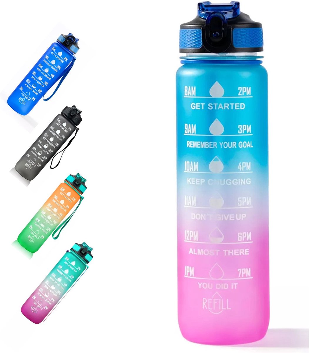 locolta motivatie waterfles - 1 liter drinkfles - drinkfles met tijdsmarkering - drinkfles met rietje - lekvrije drinkfles - blauw met roos