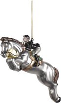 Cheval sautant blanc argenté avec pendentif de Noël cavalier de Goodwill - Ornement de Noël en verre de cheval